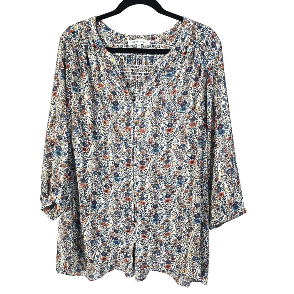 Rose and Olive Blouse Women's 2X Blue Orange Floral Button Up Cottagecore Boho